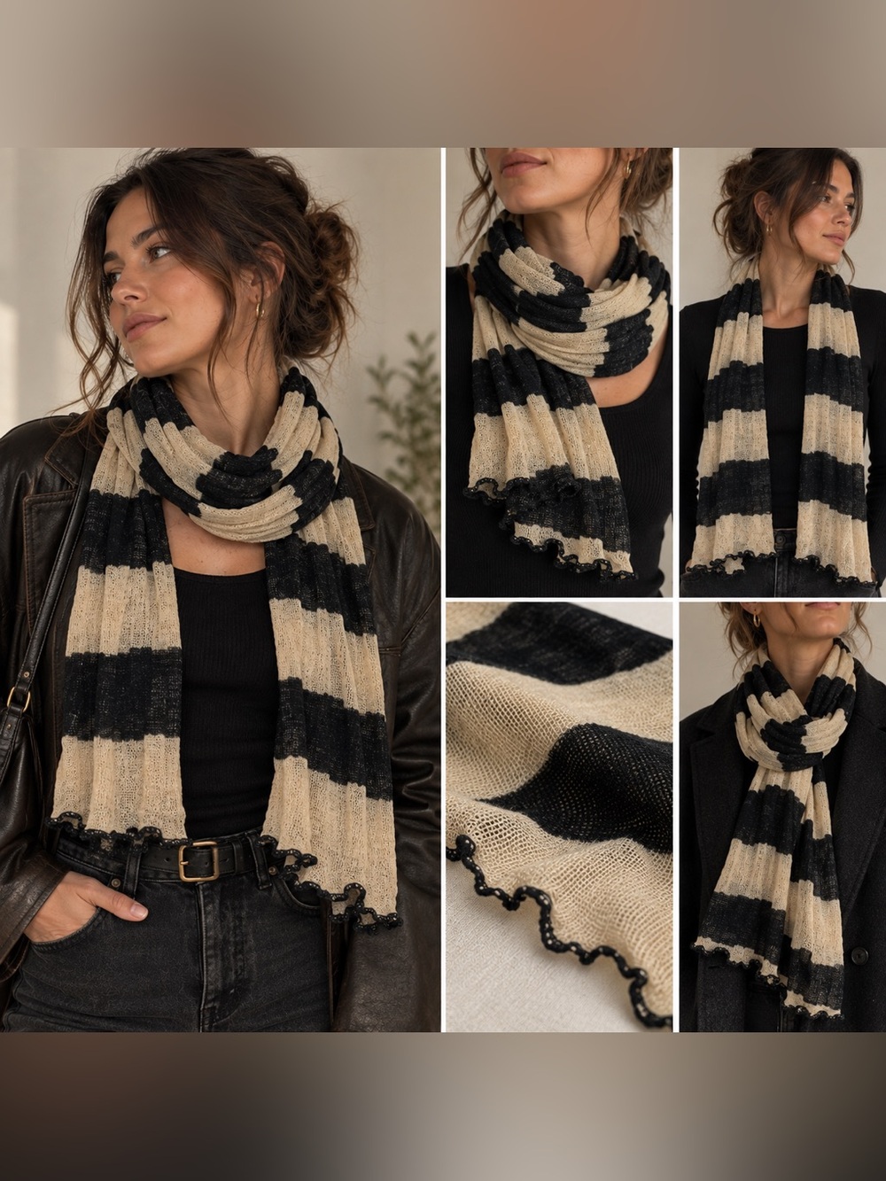 100% Linen Lightweight Knit Block Stripe Scarf Cream Black 6ft